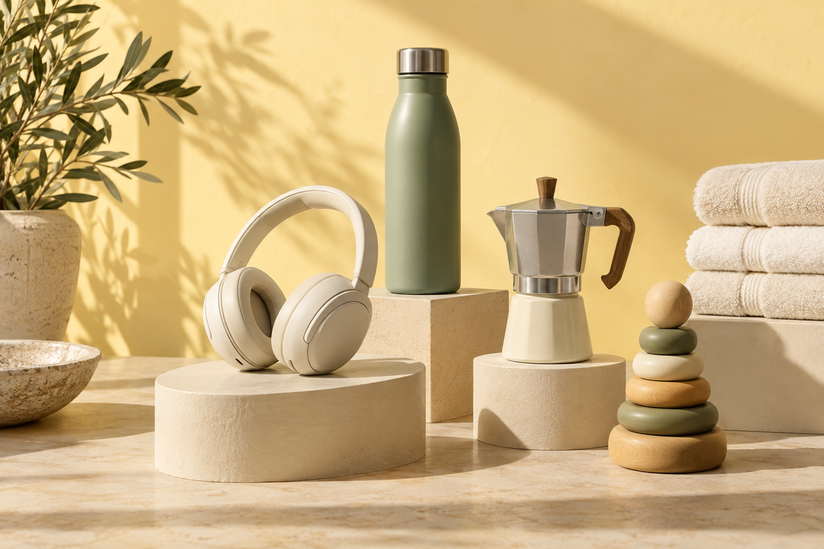 Everyday essentials in warm yellow: headphones, coffee maker, bottle, towels and wooden toys.