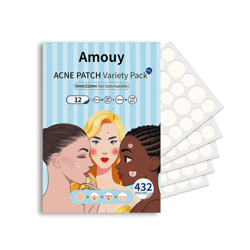Amouy Acne Pimple Patch- 2 Sizes 432 Dots Thin & Thick Hydrocolloid Patches for Face with Witch Hazel
