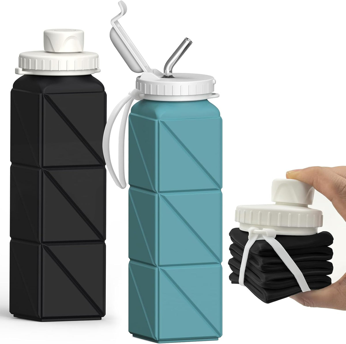 Collapsible Water Bottles 2 Pack, 21oz/610mL, Silicone Travel Water Bottle