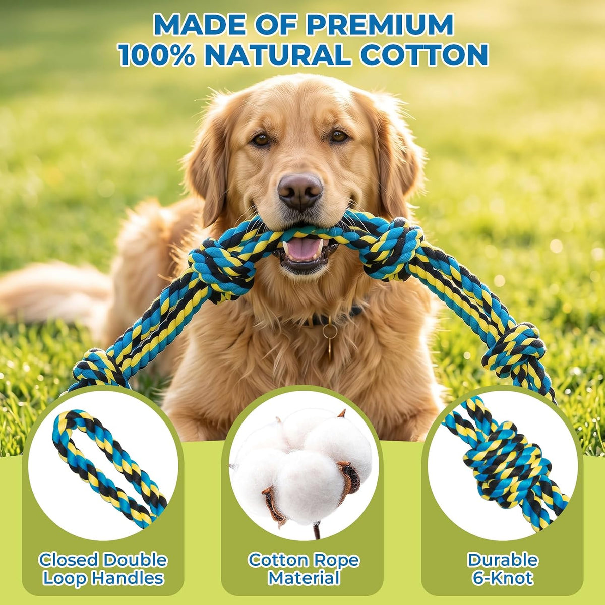 Norvy 40 Inch Dog Rope Toy for Aggressive Chewers, Heavy Duty Tug of War Chew Toy with Closed Double Loop Handles and 6 Knots
